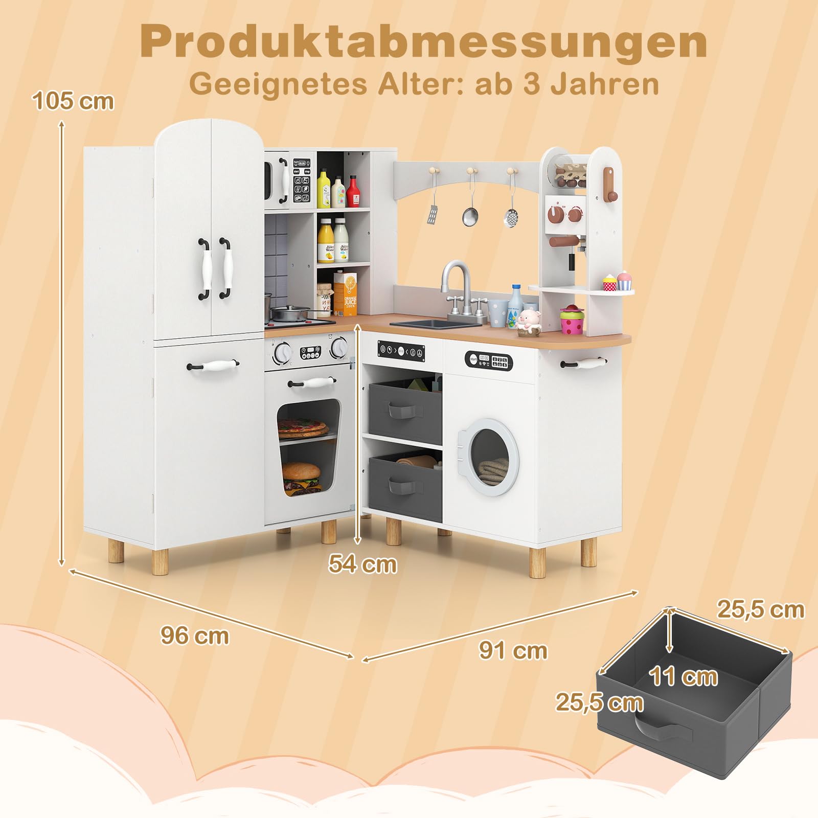 COSTWAY Kinderküche, Eck-Spielküche inkl. 12 Zubehör & Stoffkörben, Holzküche mit Doppeltür-Kühlschrank, Kaffeemaschine & Waschmaschine, Spielzeugküche mit Licht & Sound für Kinder ab 3 Jahren (Weiß)