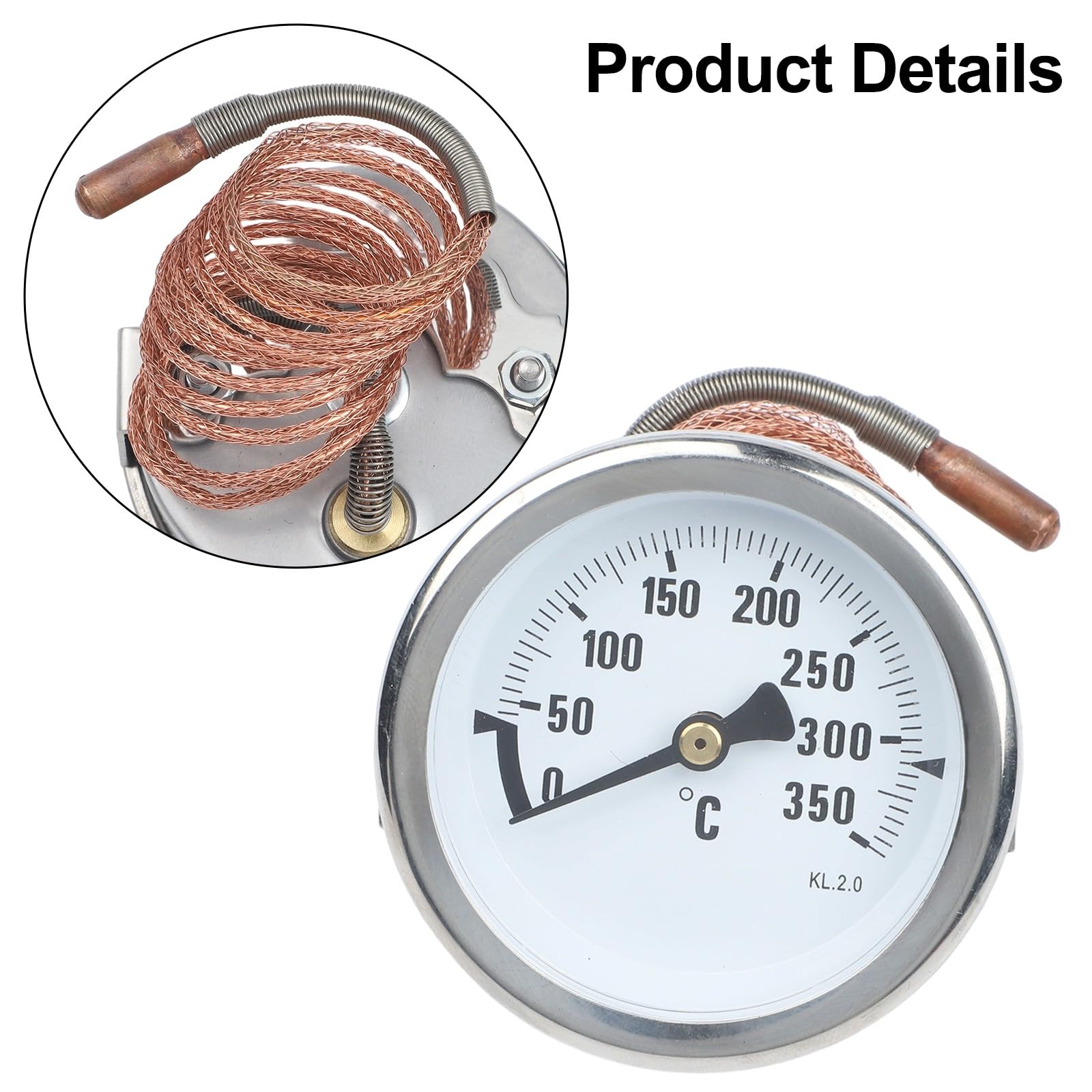 KiraKira Termometro capillare in metallo 0-350C per forno riscaldatore caldaia, quadrante 7 cm con cavo sonda da 1 m, manometro ad alta temperatura per cucina