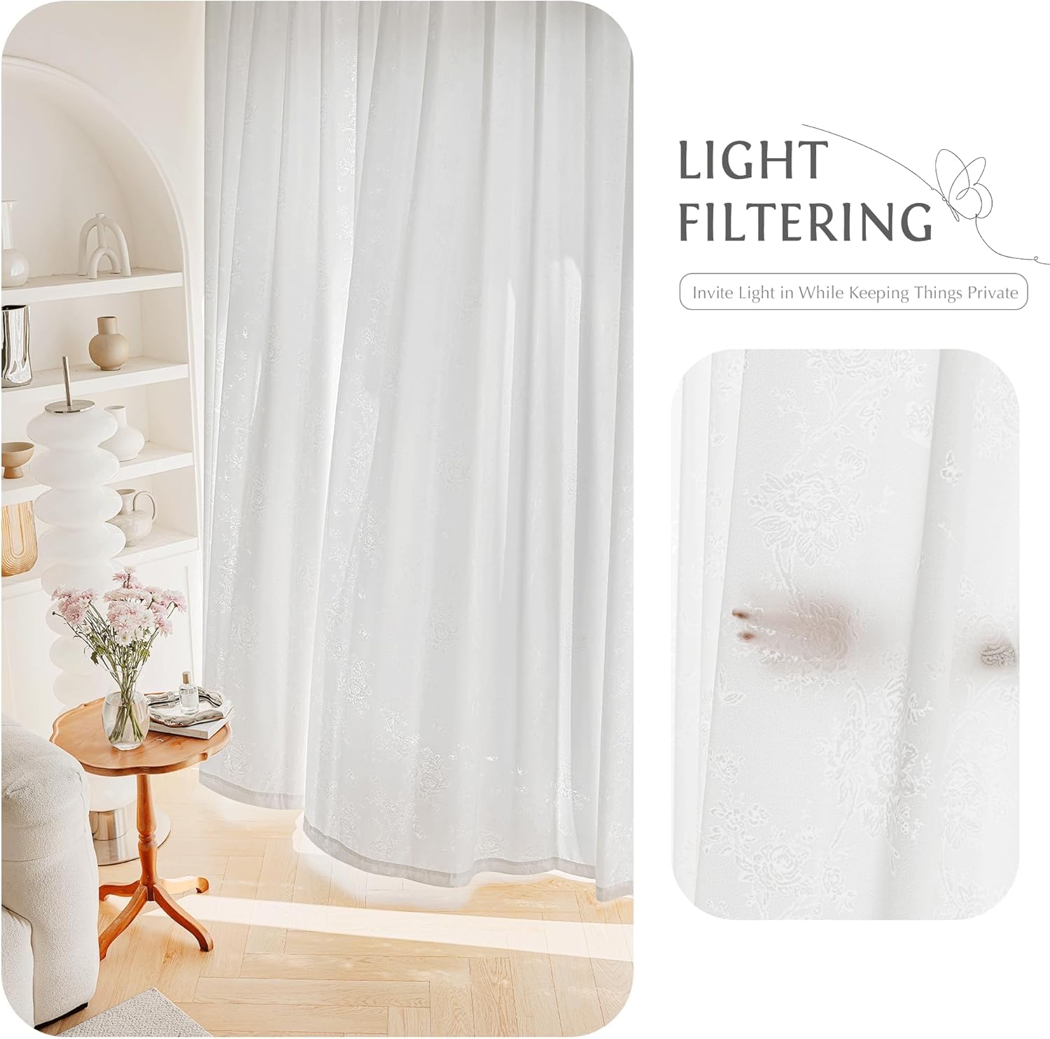 Beauoop White Floral Jacquard Sheer Curtains 108 Inches Long 2 Panels for Living Room Bedroom Semi Lace Flower Privacy Light Filtering Non-See-Through Velvet Textured Grommet Window Drapes, 52x108