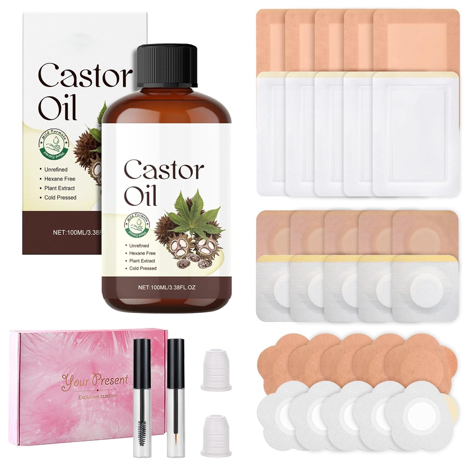 KWOLYKIM Castor Oil Patches Disposable 40 Skin Tone + White + 100ml Organic Cold-Pressed Castor Oil with Eyebrow Brush & Eyelash Brush – Natural Cotton for Body Gift Box