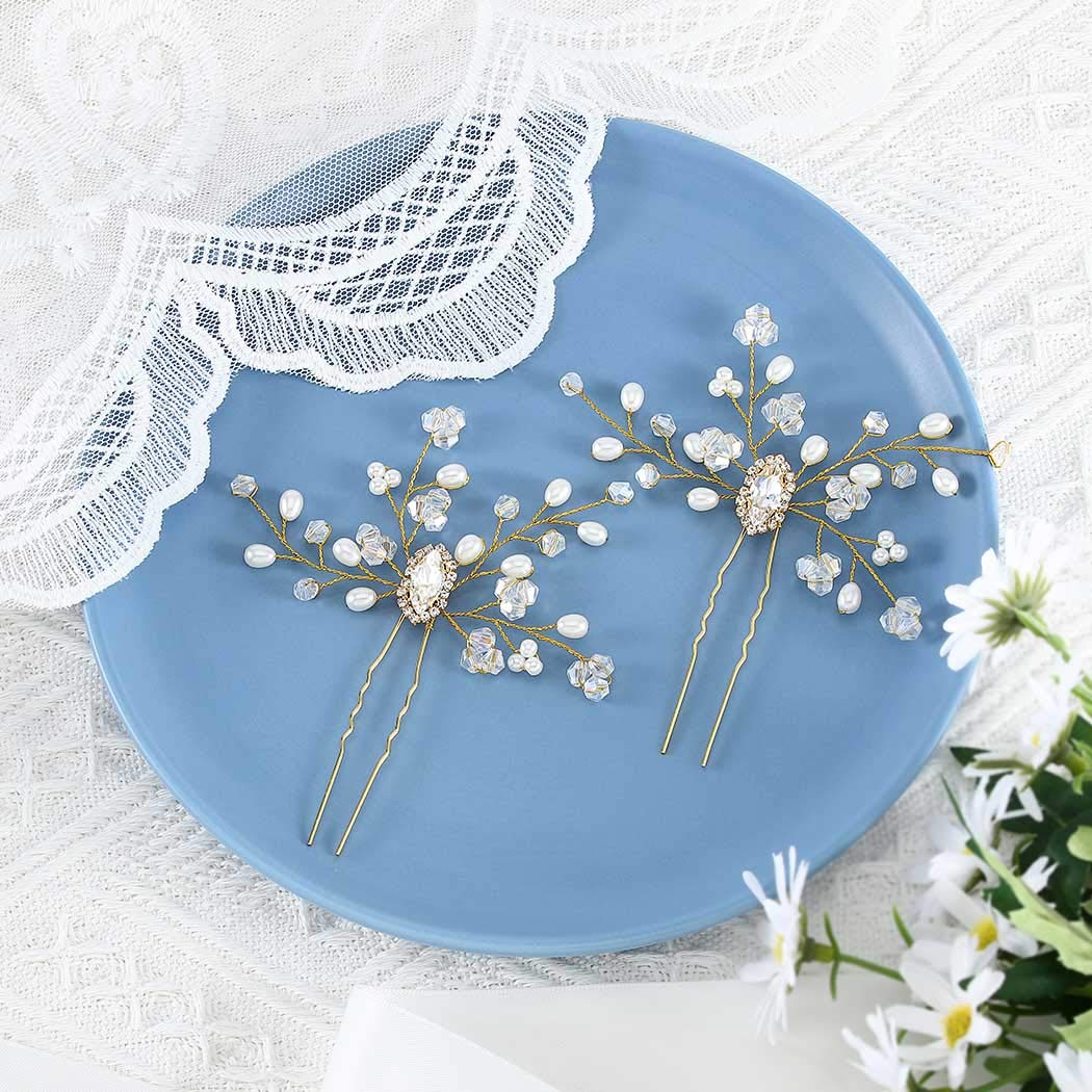 Bruidshaaraccessoire Goud Zij-/Haarkam met Kristal en Parels voor
