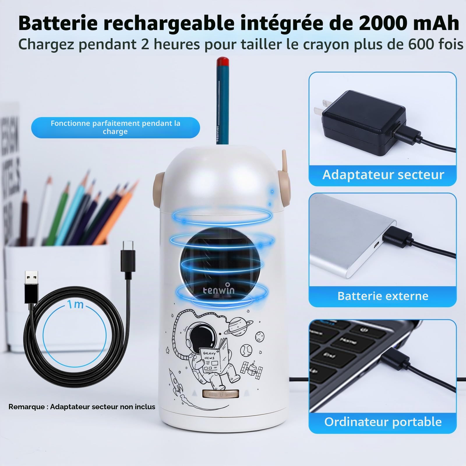 tenwin Taille-crayon électrique rechargeable entièrement automatique, adapté aux crayons de 7 à 11,5 mm ＆ crayons de couleur, portable et sûr pour les la maison, le bureau, l'école (Argent)