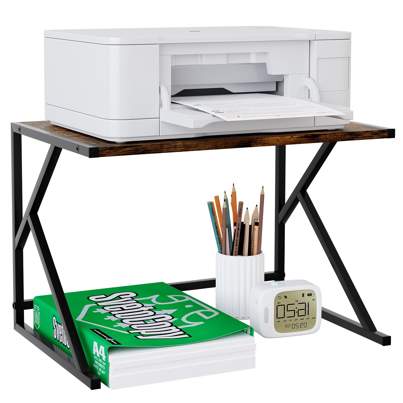 EasyPAG Metal Wood Desktop Printer Stand,Office Storage Shelves for Printer & Fax,Desk Organiser for Home,Brown