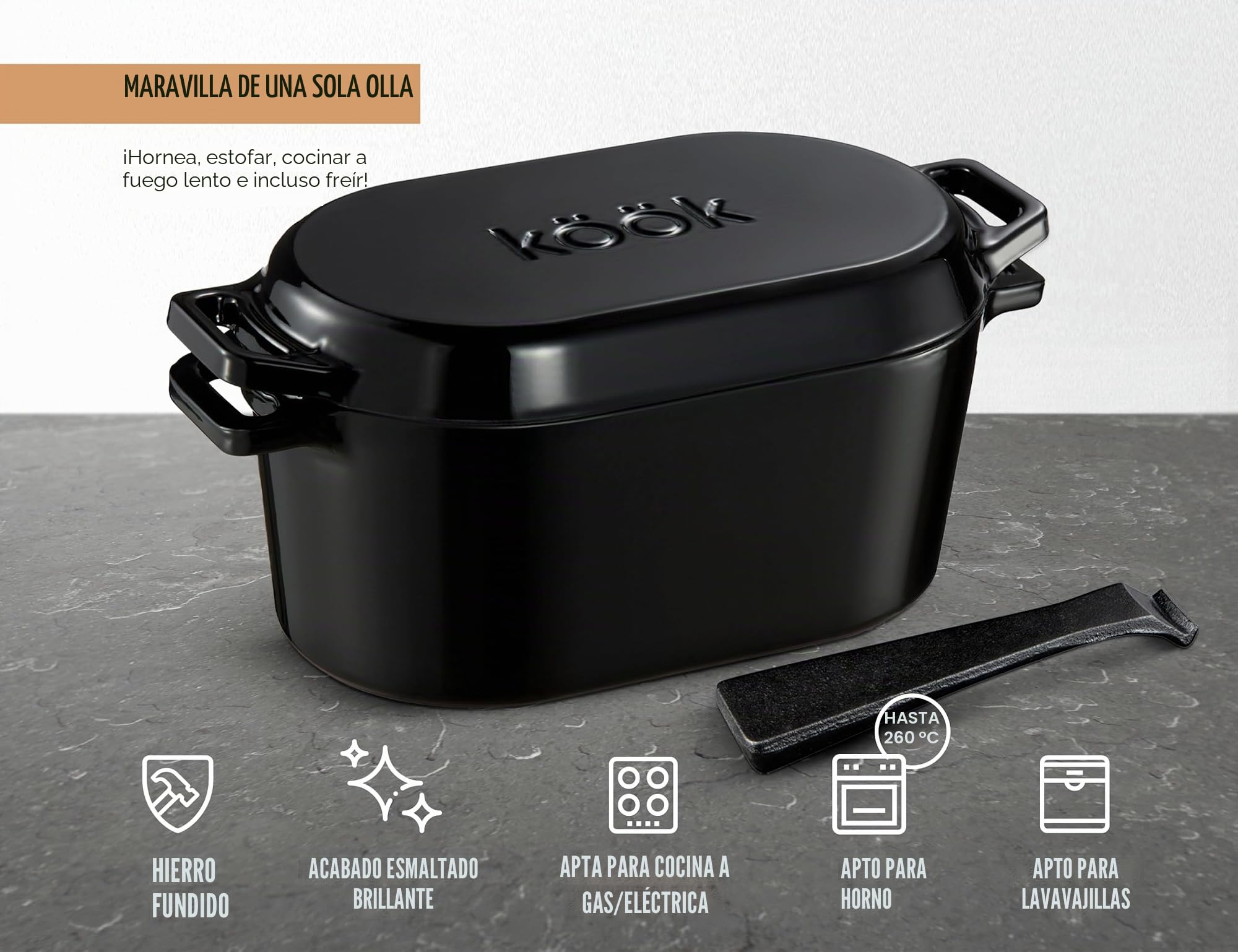 KooK Horno holandés ovalado, para hornear pan, molde para pan de masa madre, con tapa, asas dobles, hierro fundido esmaltado, incluye palanca de tapa, apto para lavavajillas, 3.4 cuartos de galón