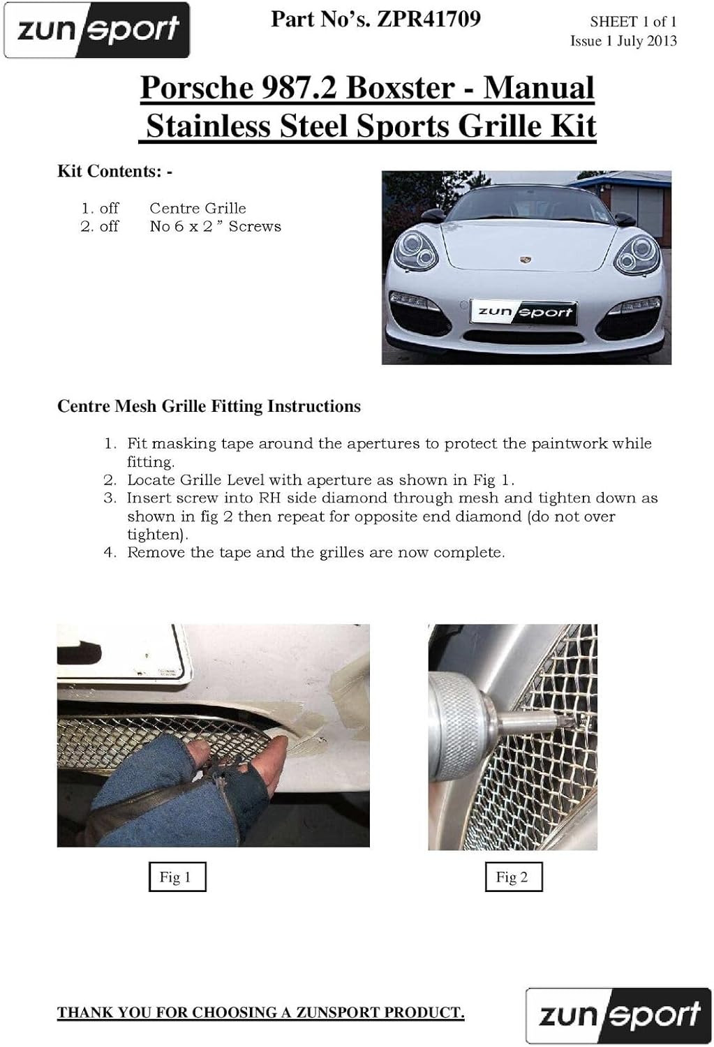 Zunsport Compatible With Porsche Boxster 987.2 Manual - Centre Grill - Black finish (2009 to 2013)