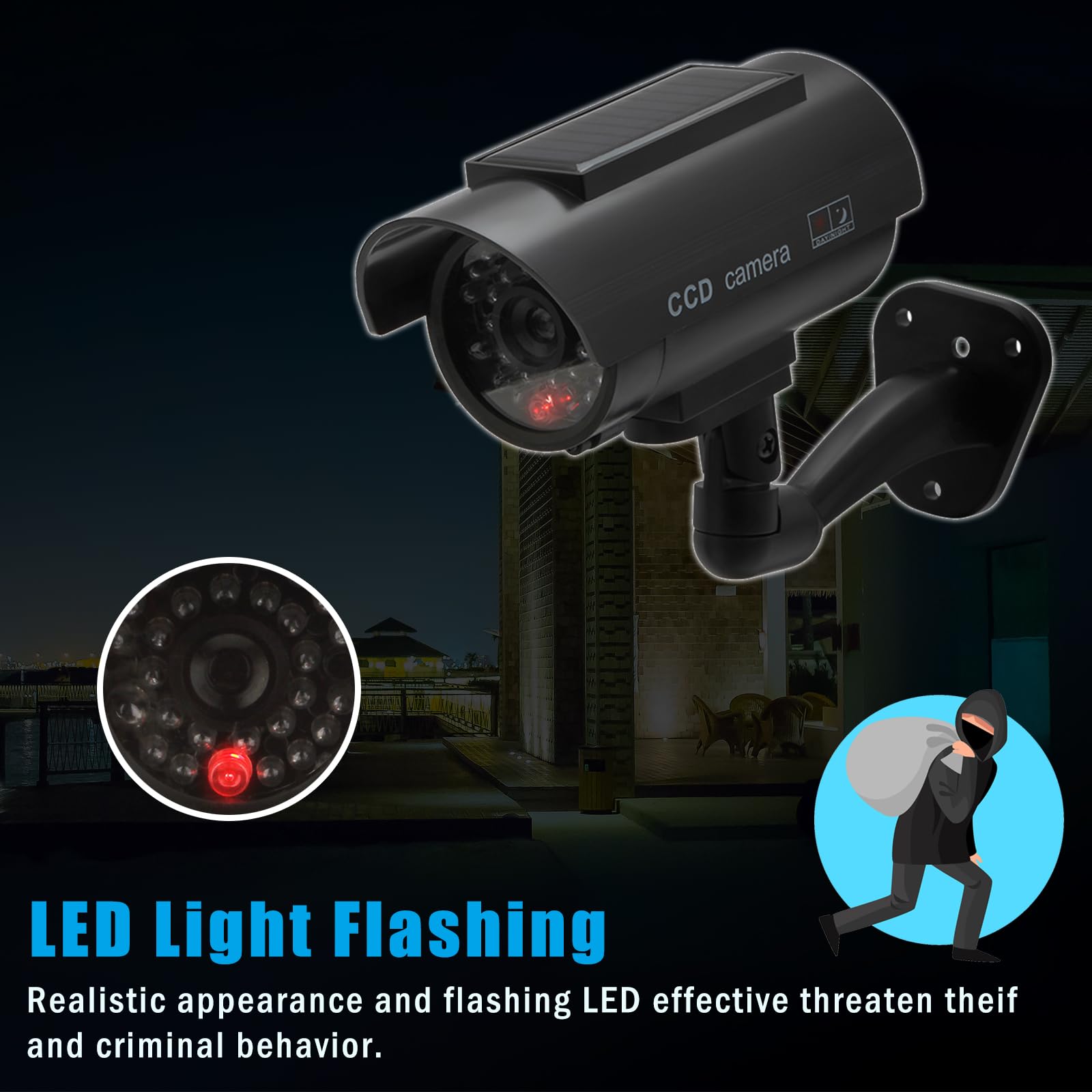 Twilight Garage Lot de 4 caméras factices, fausses caméras de vidéosurveillance à énergie solaire avec lumière LED rouge clignotante et autocollant d'avertissement de sécurité, utilisation en