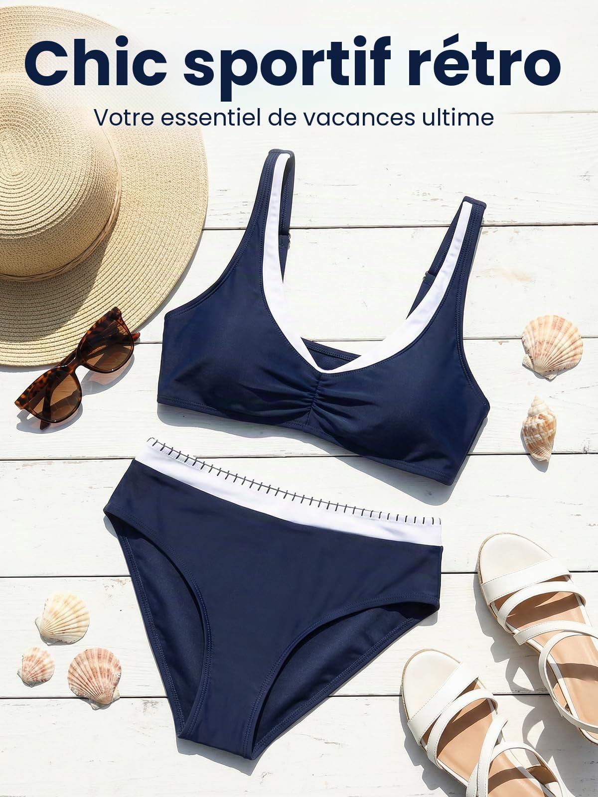 CUPSHE Ensembles de bikini pour femme - Maillot de bain sportif deux pièces | Col en V superposé, doux extensible, bonnets souples amovibles, bretelles réglables, taille moyenne, couverture modérée