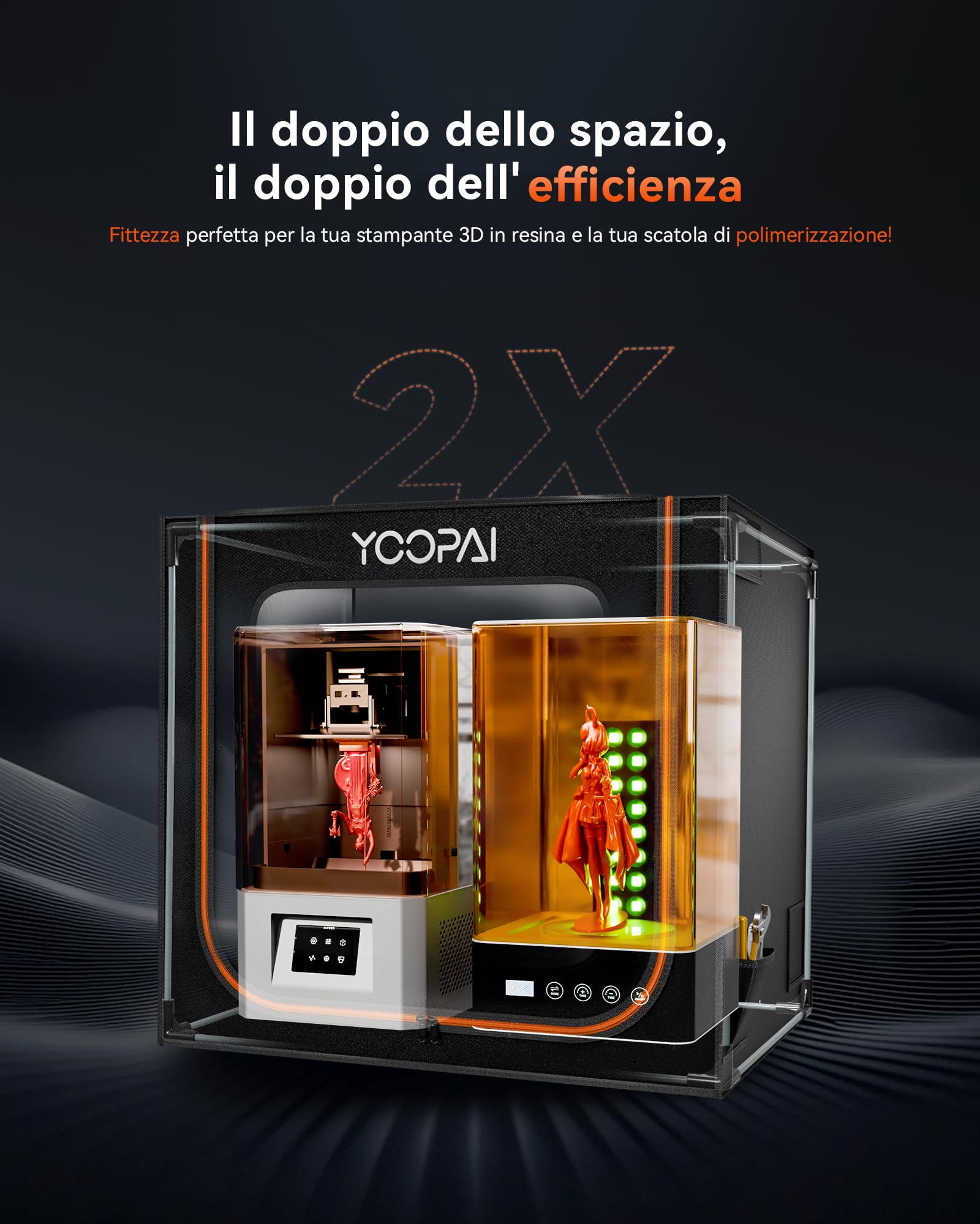 YOOPAI Involucro 3D Doppio Scomparto Ventilato - Per 2 Stampanti Resina o Stampante + Cura UV, Antipolvere, Eliminazione Odori, Compatibile Anycubic/Elegoo/Creality (80x55x73cm)