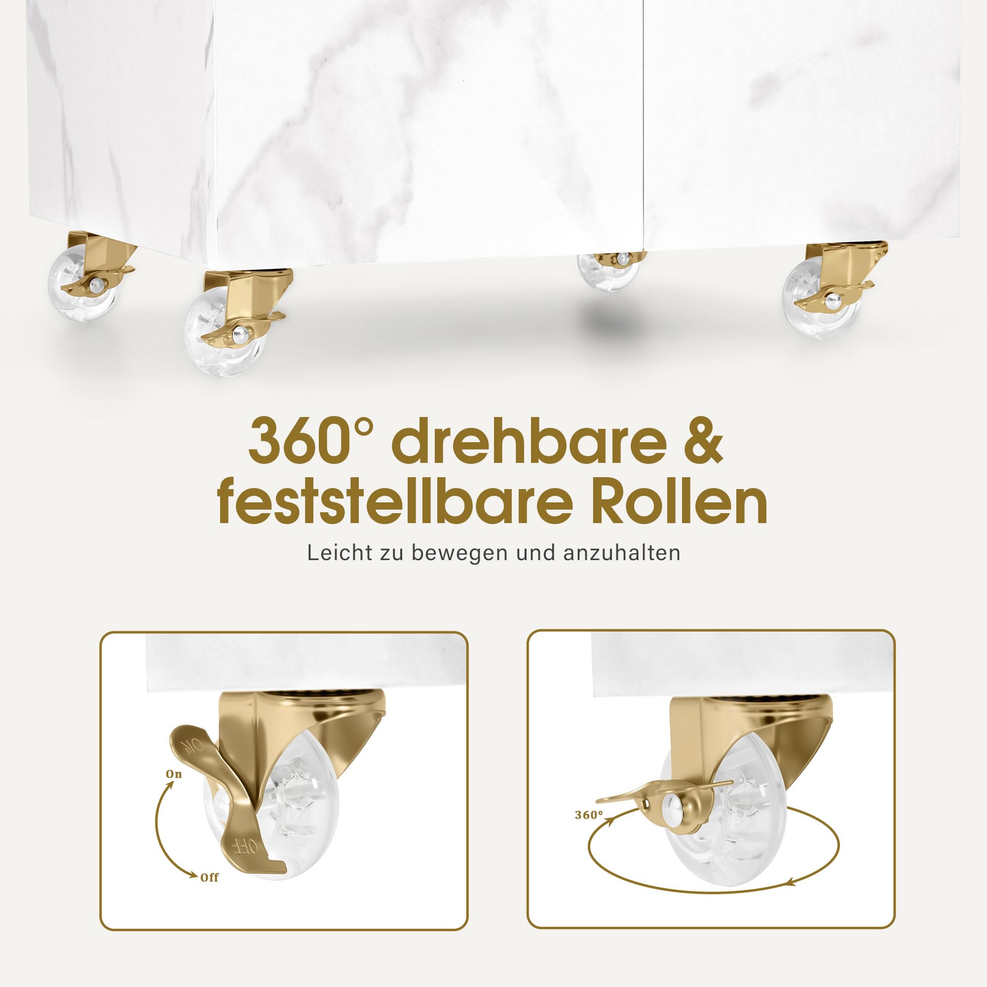 BarberPub Friseurwagen mit 3 Schubladen & 2 Schränken, Beauty Salon Trolley mit 3 Föhnhaltern, 39x58x90cm, Weiß-Gold
