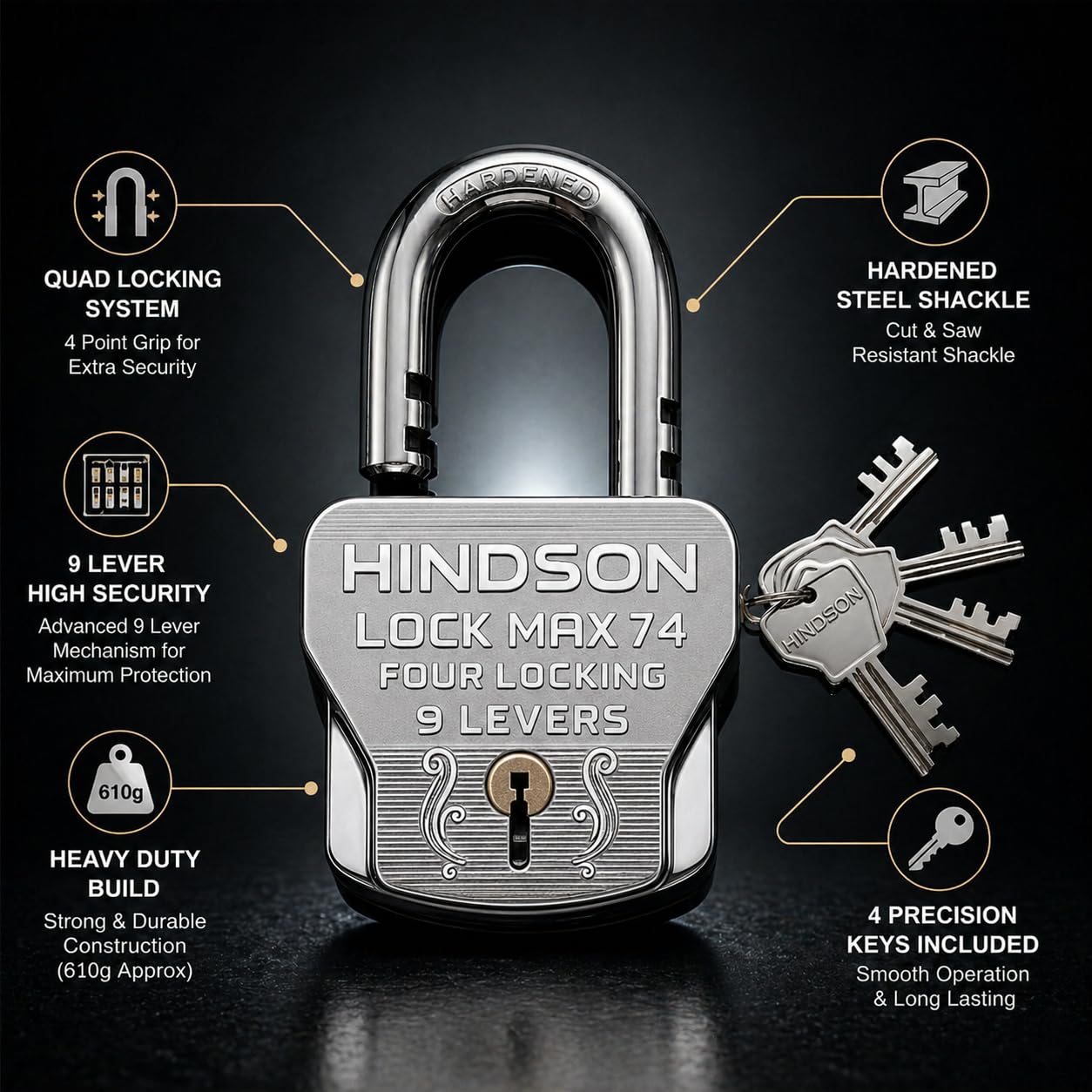 HINDSON 4 Locking Heavy Duty Padlock | Lock MAX 74 | 9 Lever Steel Lock & Key | Chrome Finish Big Size 610g Approx Padlock with 4 Keys for Home, Gate & Shutter Security — Amazon image 2
