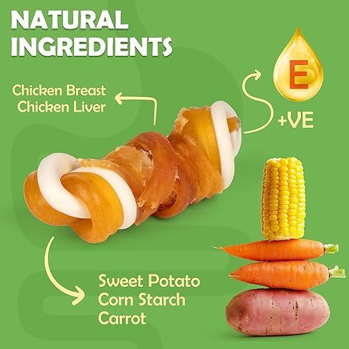 Miniatura 2 de MON2SUN Golosinas para perros sin cuero crudo de 2.5 pulgadas con verduras mixtas, mini huesos de nudo envueltos en pollo para perros pequeños,