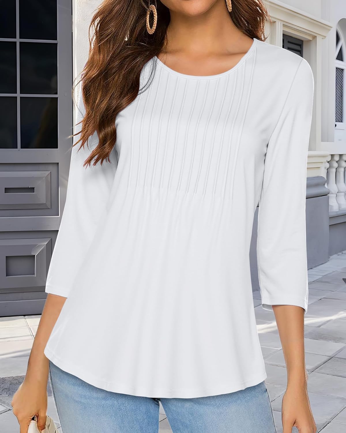 CHICGAL Womens 3/4 Length Sleeve Tops Casual Shirts Dressy Blouses Pleated Loose Fit Tunic Tee - Image 6