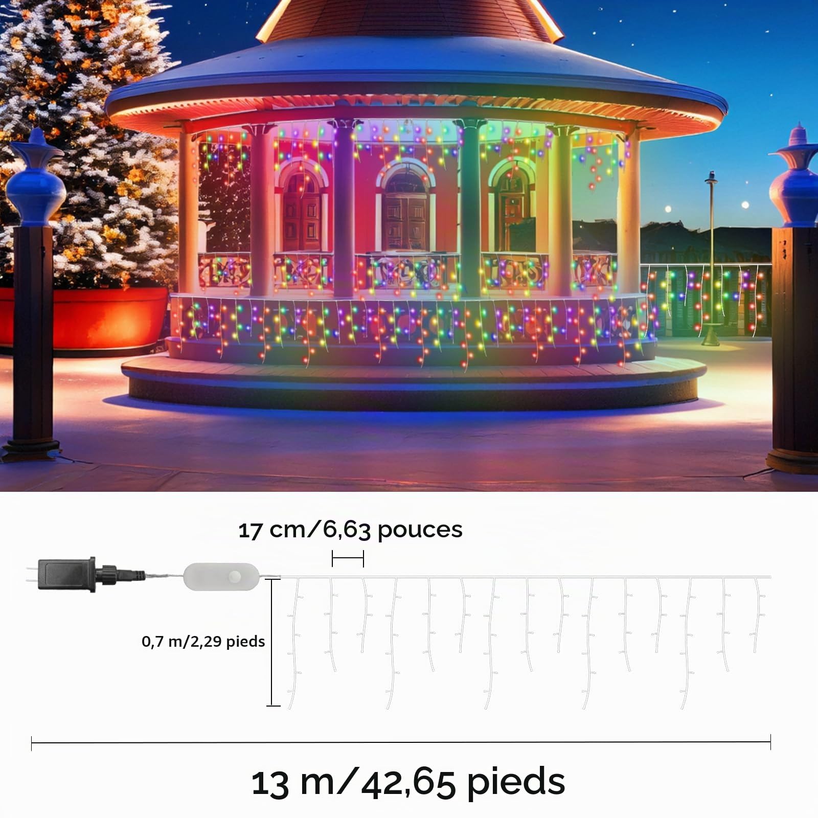 QINER Icicle Lights Rideau, 13M Guirlande Lumineuse Intelligentes, 400 LEDs deco d'intérieur et d'extérieur,16 millions de couleurs 40 modes pour mariage, Parti, Festive, cour, décoration de patio.