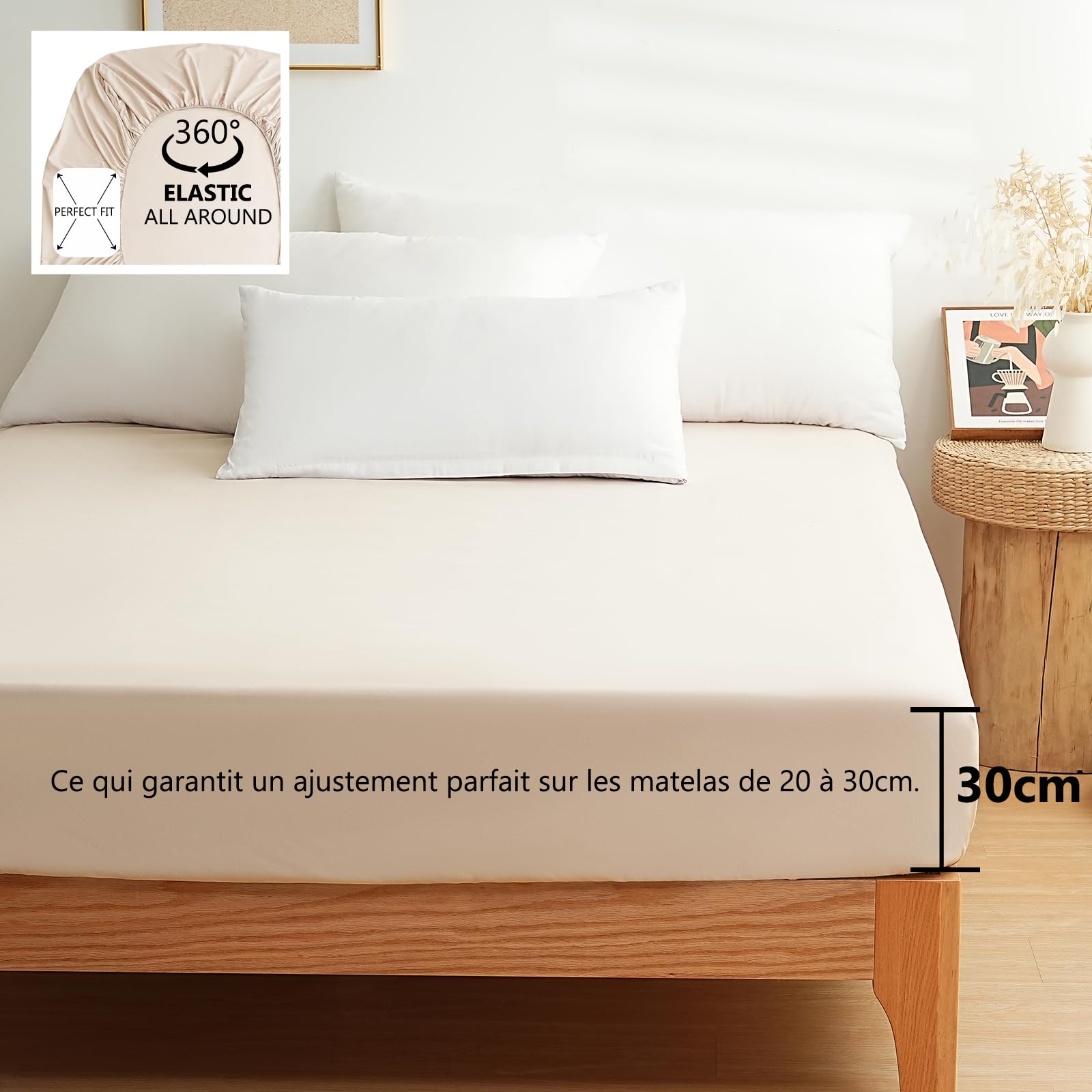 MOHAP Parure de Lit 4 Pièces Housse de Couette 220x240cm + Drap Housse 140x190/200cm avec 2 taies d'oreillers 65x65cm Beige pour 2 Personnes Parure 120 Fils/cm² en Microfibre