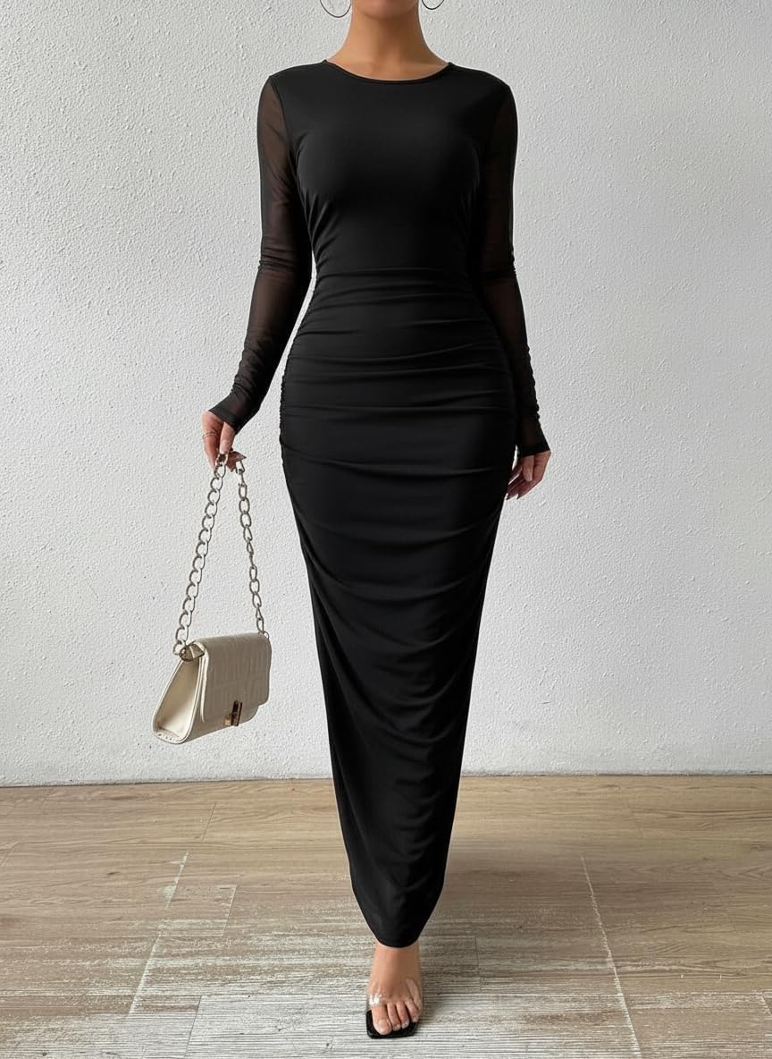 LIGHT DOT Women's Printed Bodycon Maxi Dress Long Sleeve Tie Dye Mesh Ruched Cocktail Dress - Image 3