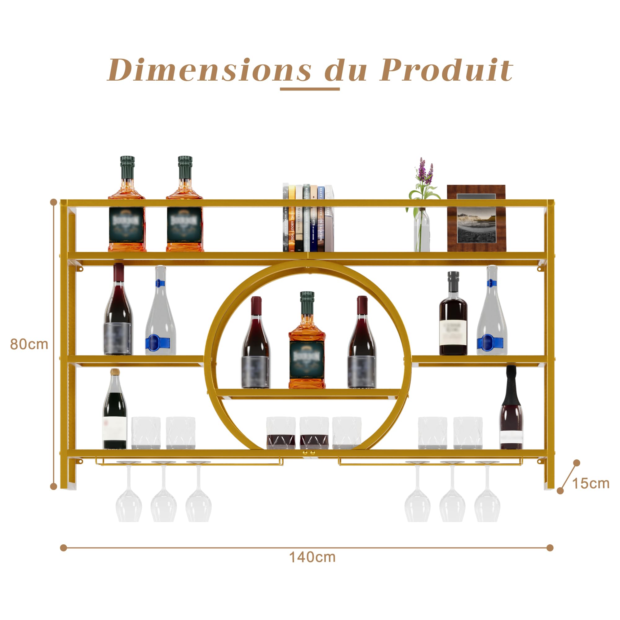 UEV Porte-Verre à Vin en Métal 140cm, Porte Bouteille Mural Industriel, Casier à Vin, avec Lumière LED de 15 Couleurs, Range Bouteille Vin, pour Salle à Manger, Cuisine, Bar (Or, 140x15x80cm)
