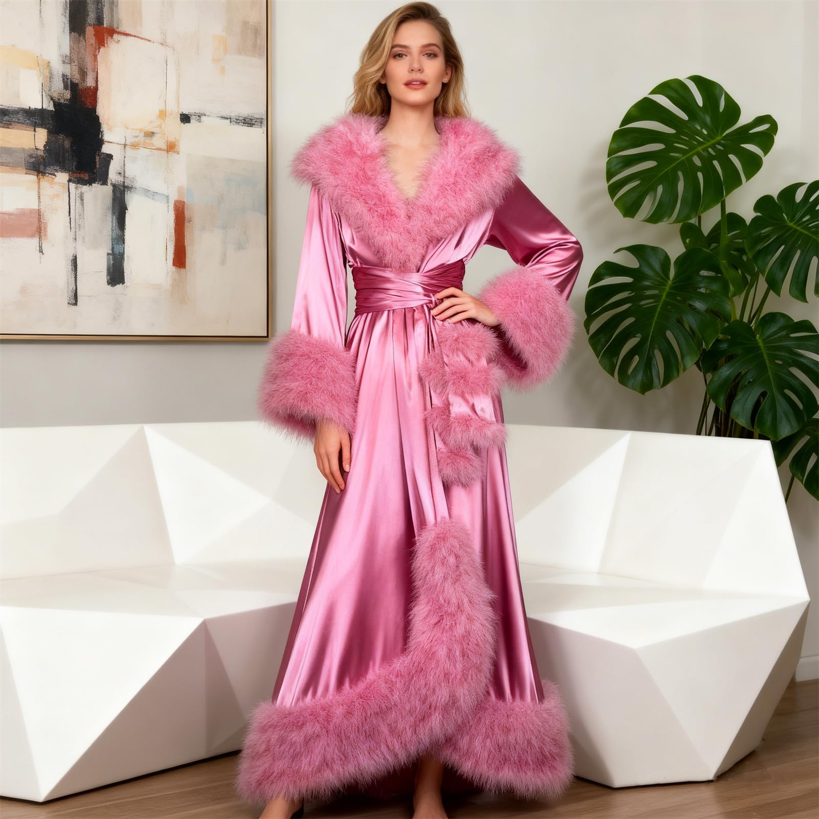 Albornoz de satén para mujer, con ribete de piel, pijama de dama de honor, ropa de dormir suave y sedosa, bata de longitud completa para boda
