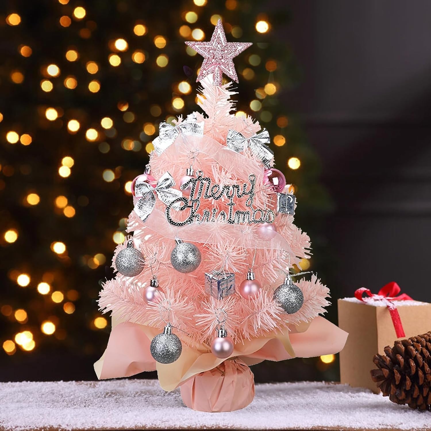 Petit Sapin de Noël Table 45 cm avec lumières et Boules décoratives for la Maison, Les fêtes Petits espaces(Roze)