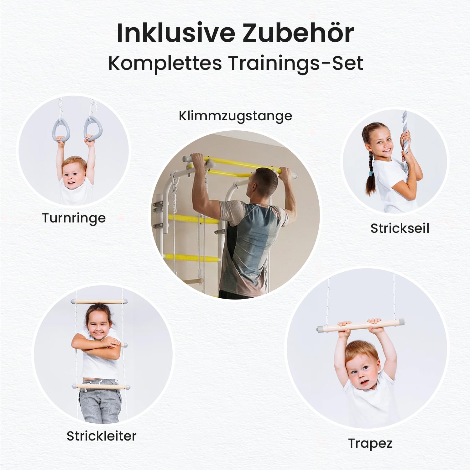 JEFLEX - weiß/gelbe Kinder Sprossenwand mit Verstellbarer Klimmzugstange/Robuste Fitness-Station fürs Kinderzimmer/Einfache & vielseitige Montage/inkl. tollem Kletterwand-Zubehör