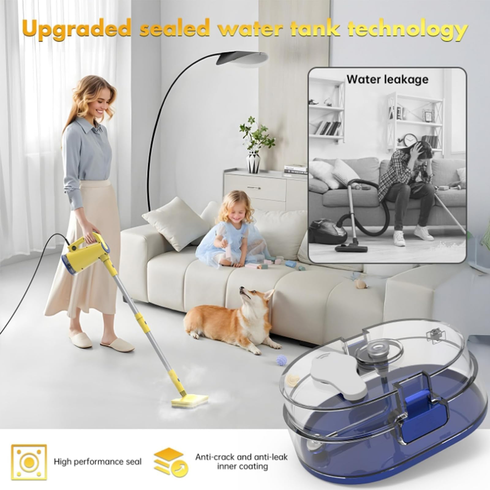 Ręczny mop parowy 1500 W, wielofunkcyjny mop parowy z ulepszonym zbiornikiem na wodę i regulowanym kątem, do podłóg drewnianych, laminowanych, winylowych, płytek i marmurowych