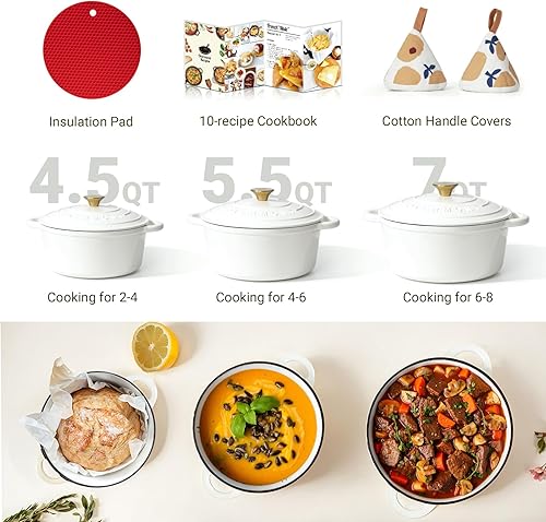 Vista 93 de Overmont Horno holandés de hierro fundido esmaltado de 5.5 cuartos de galón con tapa, cacerola resistente con asas dobles para estofar, guisos