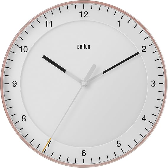 Braun Silent Sweeping Motion Classic Large Analog Wall Clock, Easy to Read, Rose and White 30cm Diameter, Model BC17PW.
