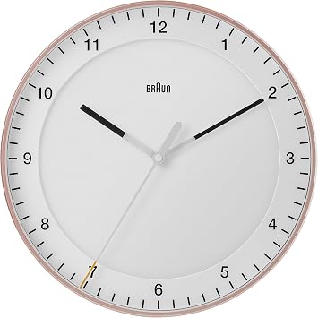 Braun Silent Sweeping Motion Classic Large Analog Wall Clock, Easy to Read, Rose and White 30cm Diameter, Model BC17PW.