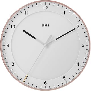 Braun Klassische große analoge Wanduhr geräuschlosem Sweep-Uhrwerk, leicht ablesbar, 30 cm Durchmesser in Rosé und Weiß, Modell BC17PW.