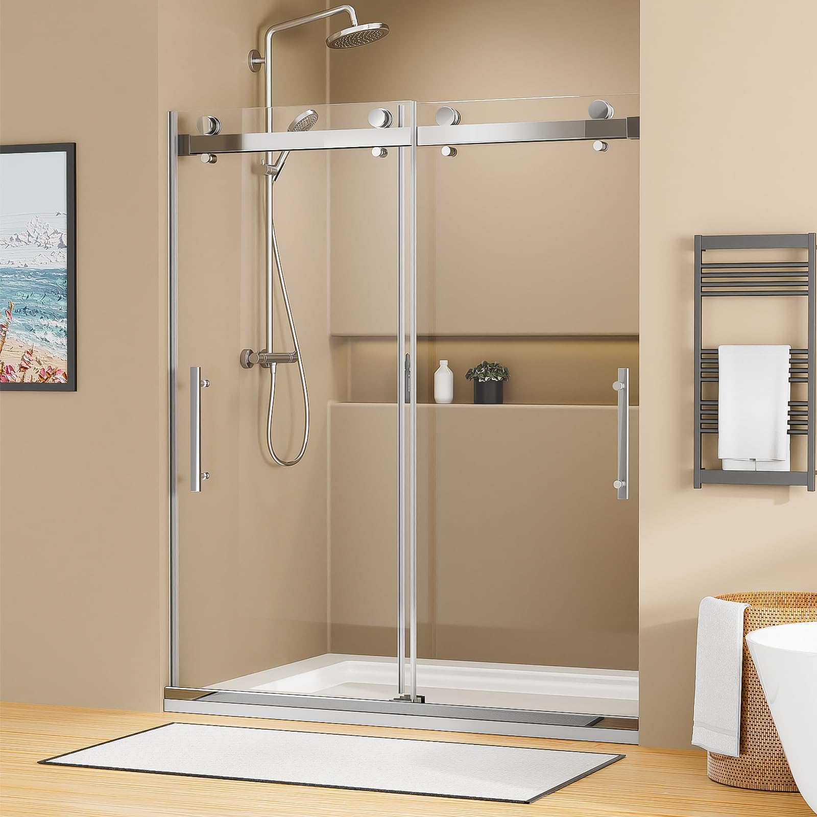 Shower Door, 60" W x 74" H Frameless Shower Door,Double Sliding Shower Door with Premium 1/4" (6mm) Thick Tempered Glass, Stainless Steel, Chrome