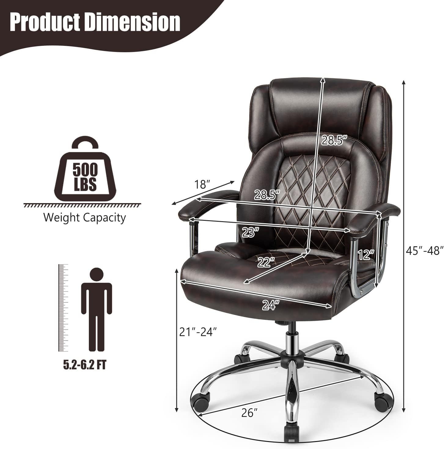 Giantex Big and Tall Office Chair 500 LBS, High Back Executive Office Chair for Heavy People, Adjustable Swivel Desk Chair, PU Leather Computer Chair with Extra Wide Seat for Home Office, Brown