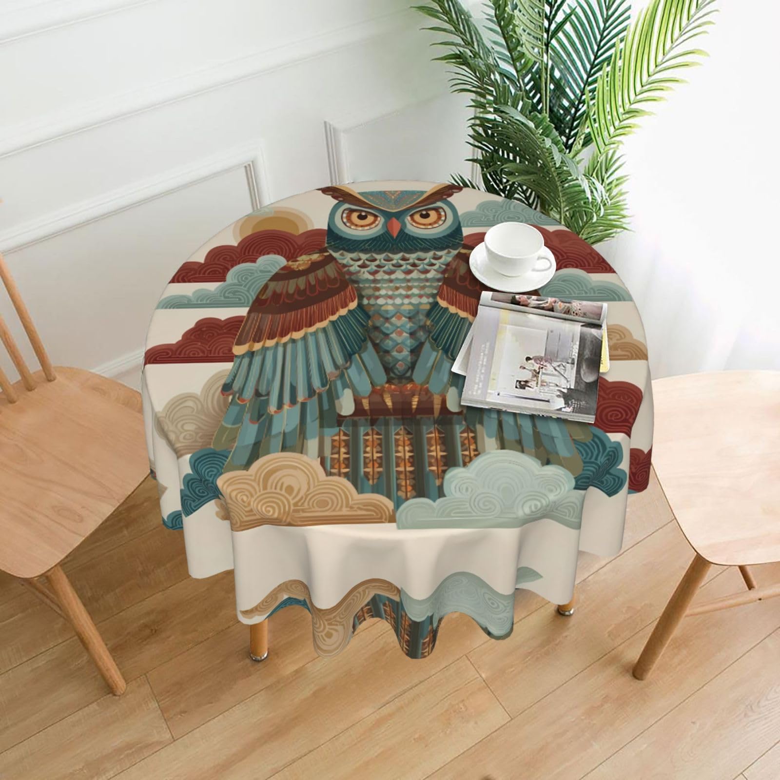 MROWYC Red and blue owl Printed Practical Round Tablecloth, Durable, Suitable for Home, Restaurant, Hotel, Gathering, and Decorative Table Covers