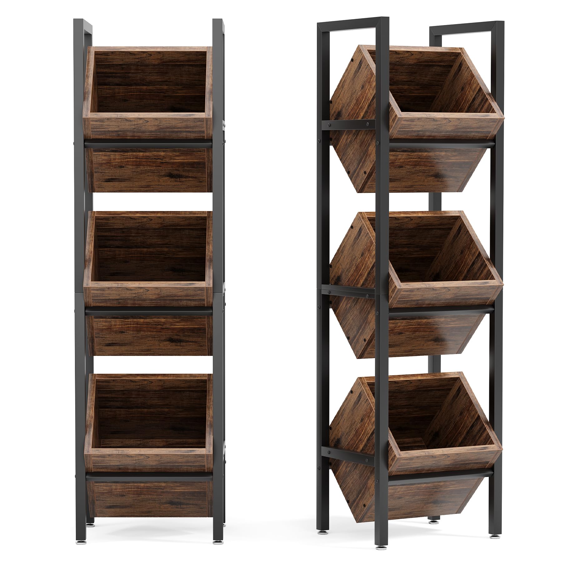 LITTLE TREE 3-Tier Basket Stand, Wooden Floor Stand Shelving Unit, Rustic Standing Organizer Storage Rack for Kitchen, Bathroom, Living Room