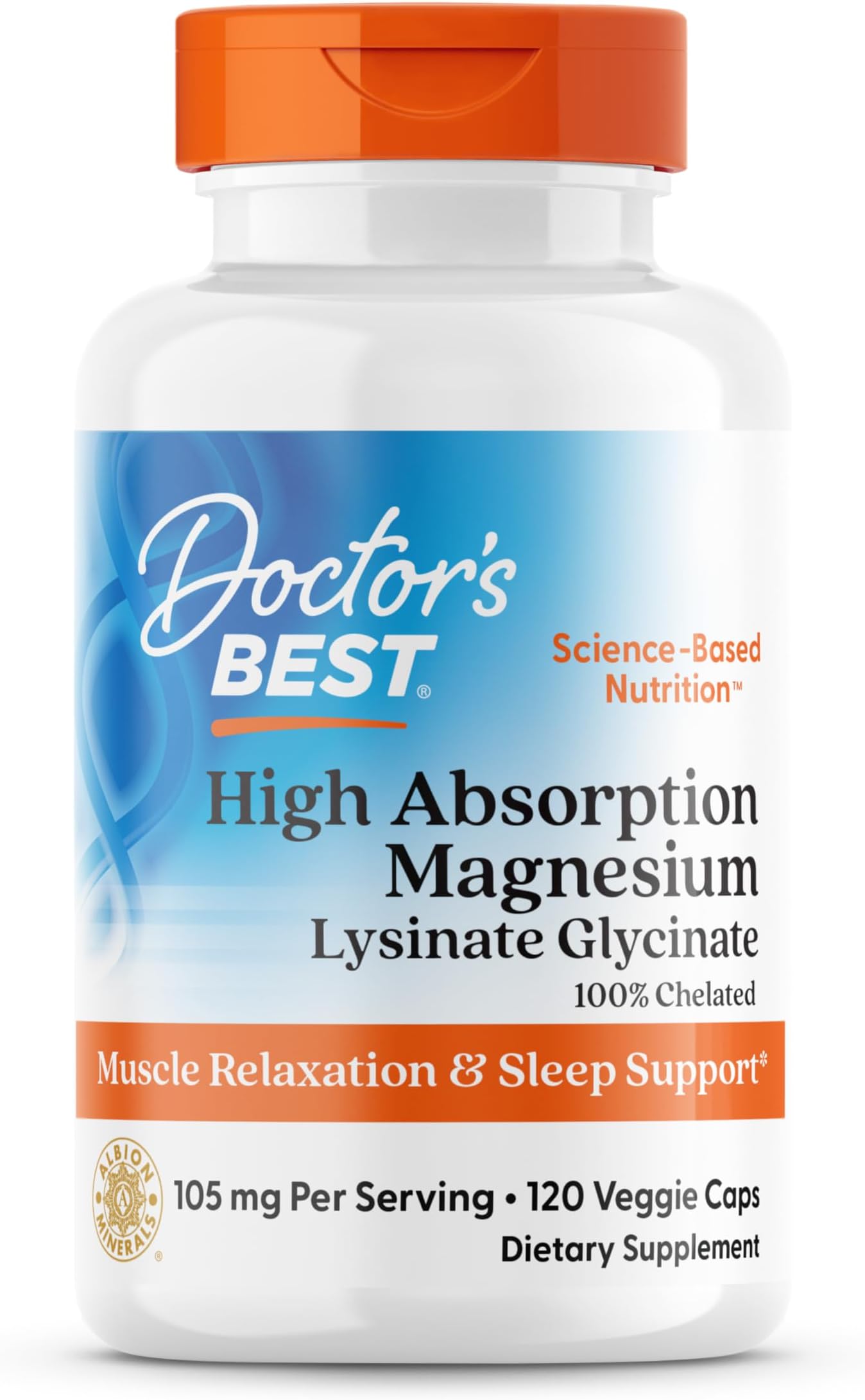 High Absorption Magnesium Glycinate Lysinate Supplement for Sleep Support - Chelated Magnesium Capsules for Women & Men, 105 mg per Serving, Calm Support, Vegan - 120 Veg Caps