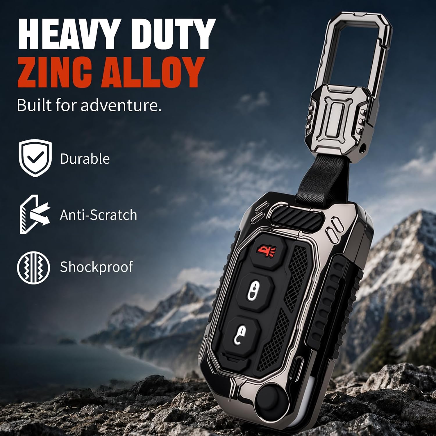 MAIKER Heavy Zinc Alloy Key Fob Cover Compatible with 2018-2026 Jeep Wrangler JL & 2020-2026 Gladiator JT Accessories,3-Button Key Case Protector with Quick Release Belt Clip and Logo Cutout