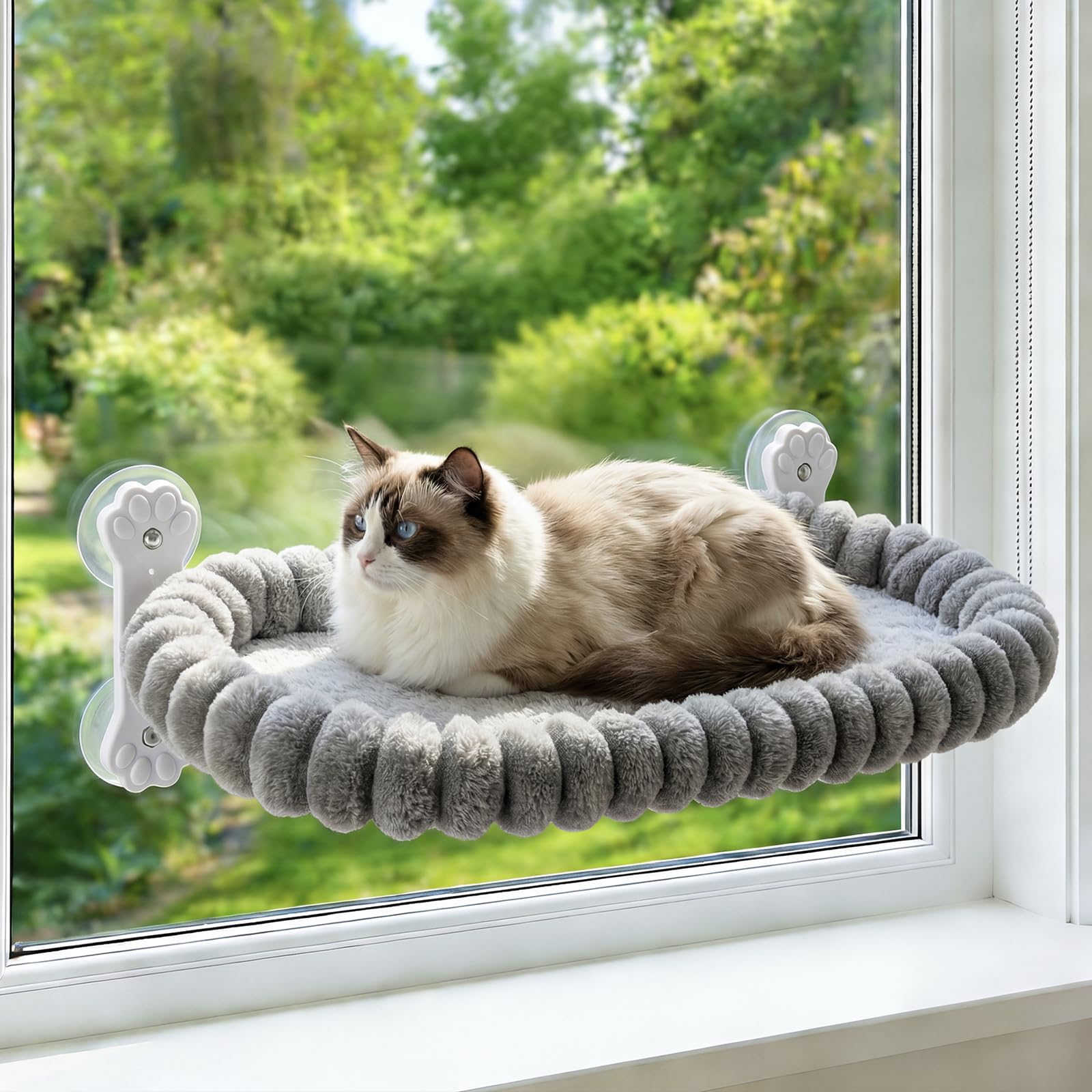 Homegroove Katzen-Fensterliege, 60 x 30 cm Faltbare Katzenhängematte für das Fenster mit 4-seitiger Polsterung & 4 großen Saugnäpfen, kabelloses Fensterbett für Wohnungskat (Grau, Large(60x30cm))