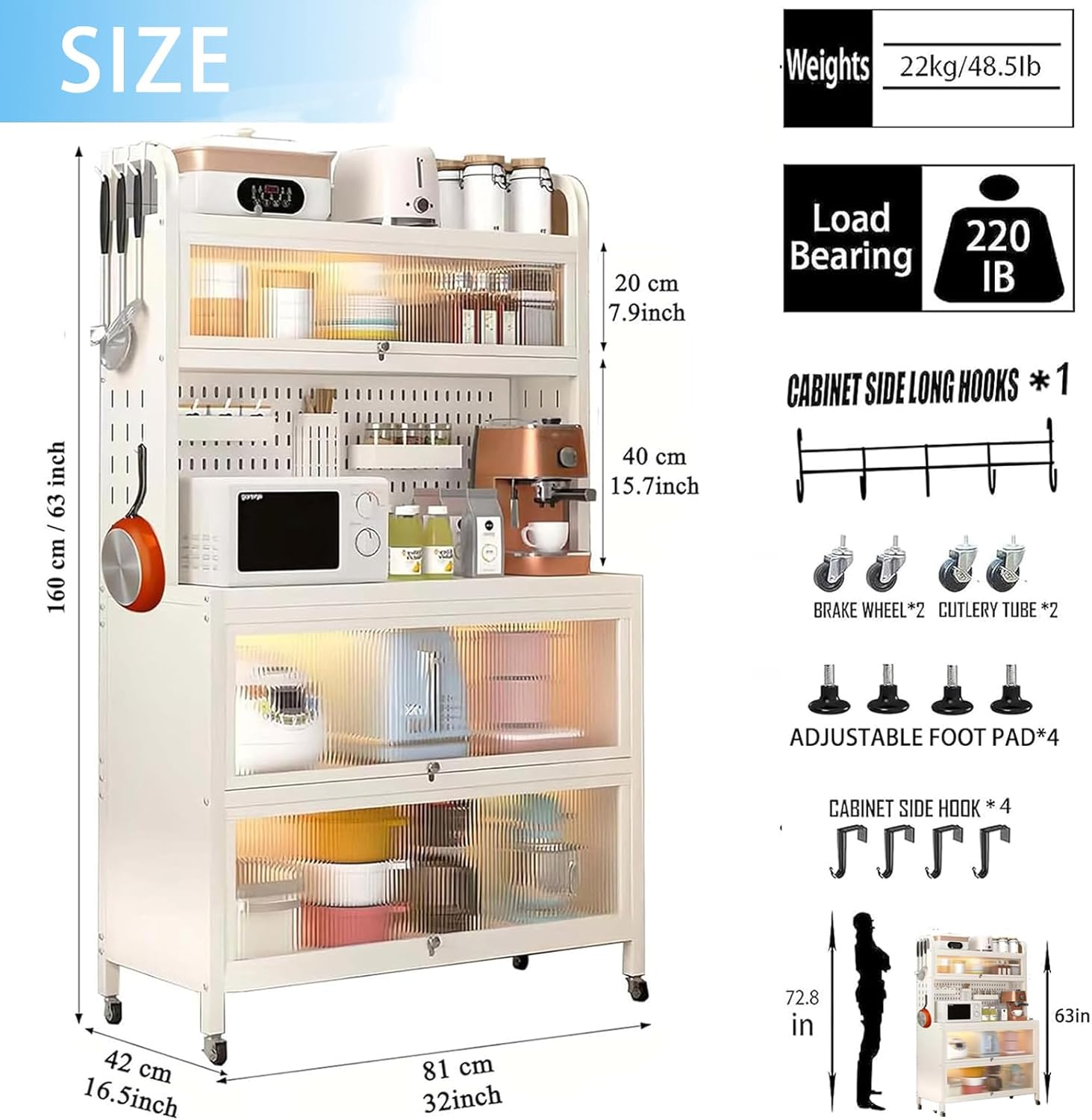 63" Bakers Rack, 5 Tier Kitchens Storage Cabinets for Kitchens with Clear Doors and Adjustable Shelves, Microwave Stand Tall Countertop Storage Sideboard for Pantry, Spices, Pots and Pans (White)