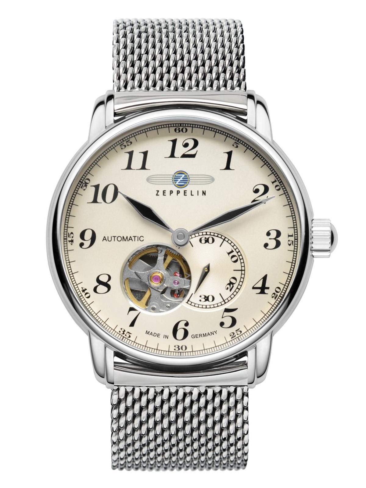 Zeppelin Herrenuhr mit Edelstahl Meshband Serie LZ127 GRAF Automatik Offene Unruh 7666M-5