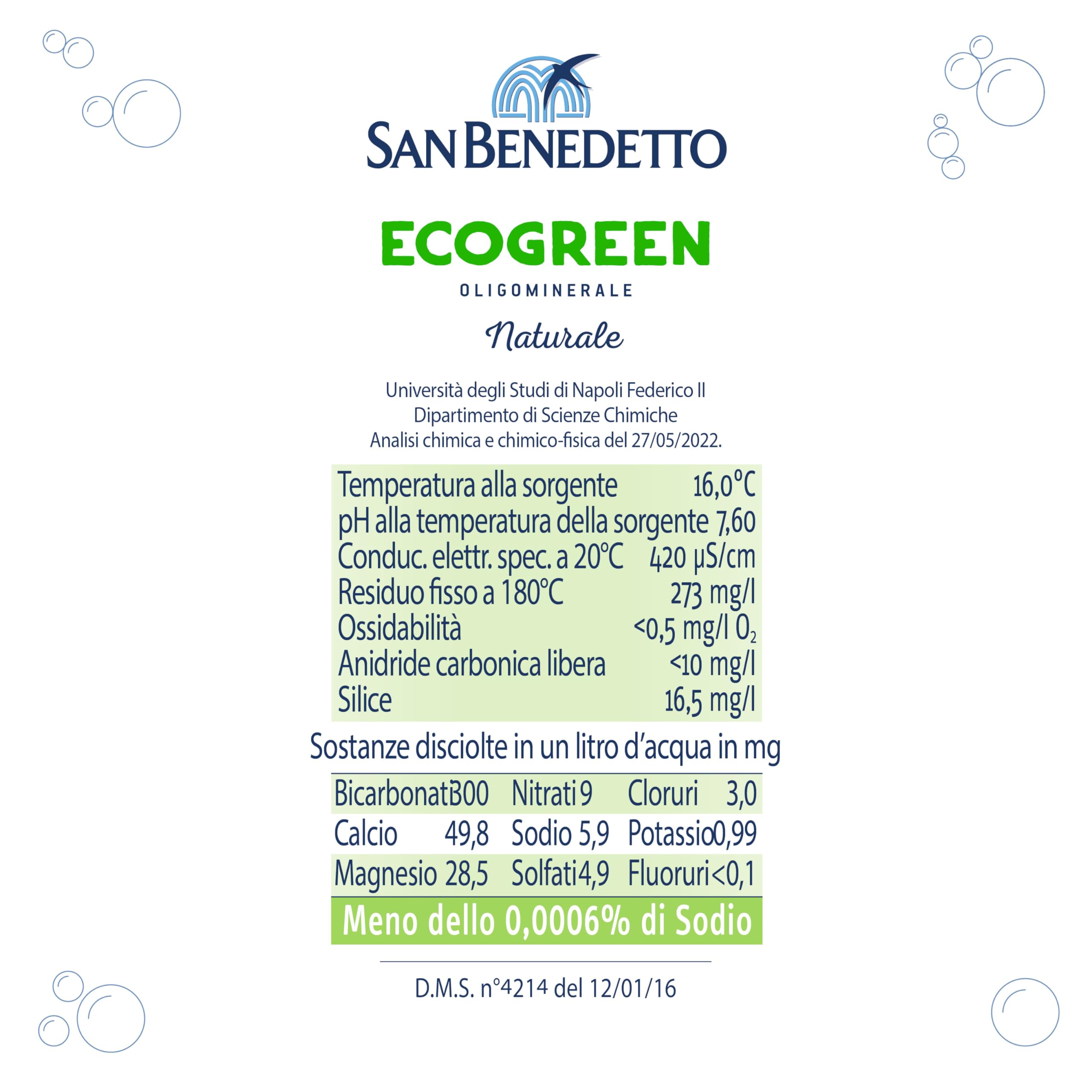 Acqua Minerale San Benedetto Ecogreen, 96 Bottiglie da 0,5L, Acqua Oligominerale Naturale, Dissetante e Pura, Fonte Benedicta