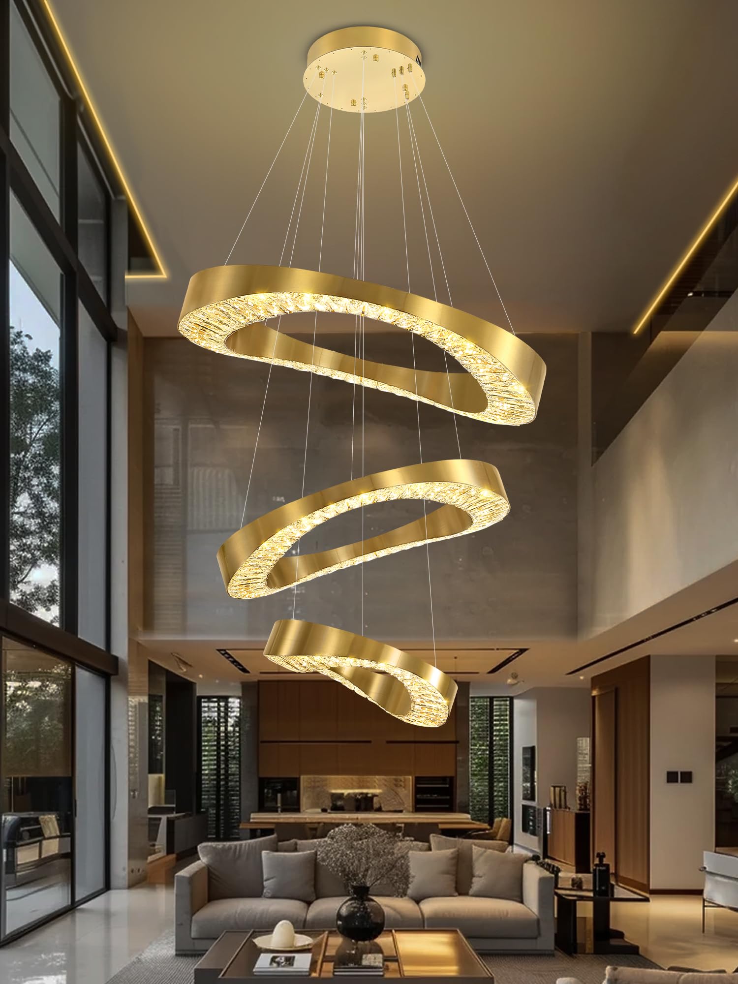 Photo 1 of Flashing God Modern LED 3 Ring Crystal Chandelier Gold Ring Chandelier for Living Room Dining Room Dimmable 2700k 4500k 6000k
