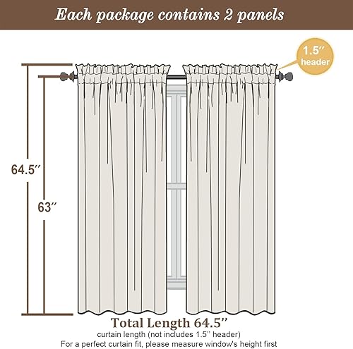 Miniatura 5 de Cortinas negras de 63 pulgadas de largo, 2 paneles de lino sintético, semitransparentes, filtrantes de luz, bolsillo para cortinero, cortinas suaves