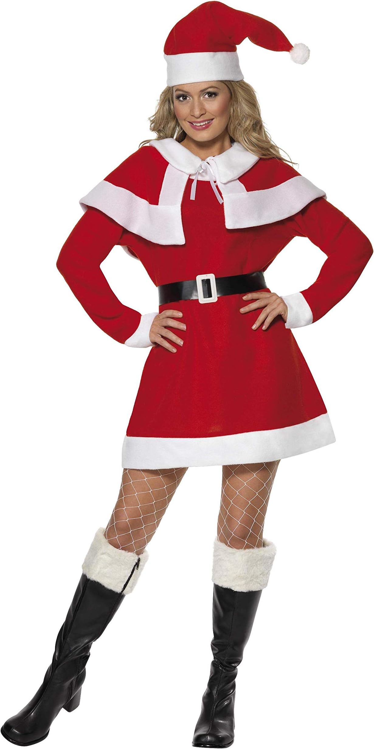 Smiffys Miss Santa Fleece Costume, Red with Cape, Belt & Hat, Adult Christmas Fancy Dress, Santa Dress Up Costume