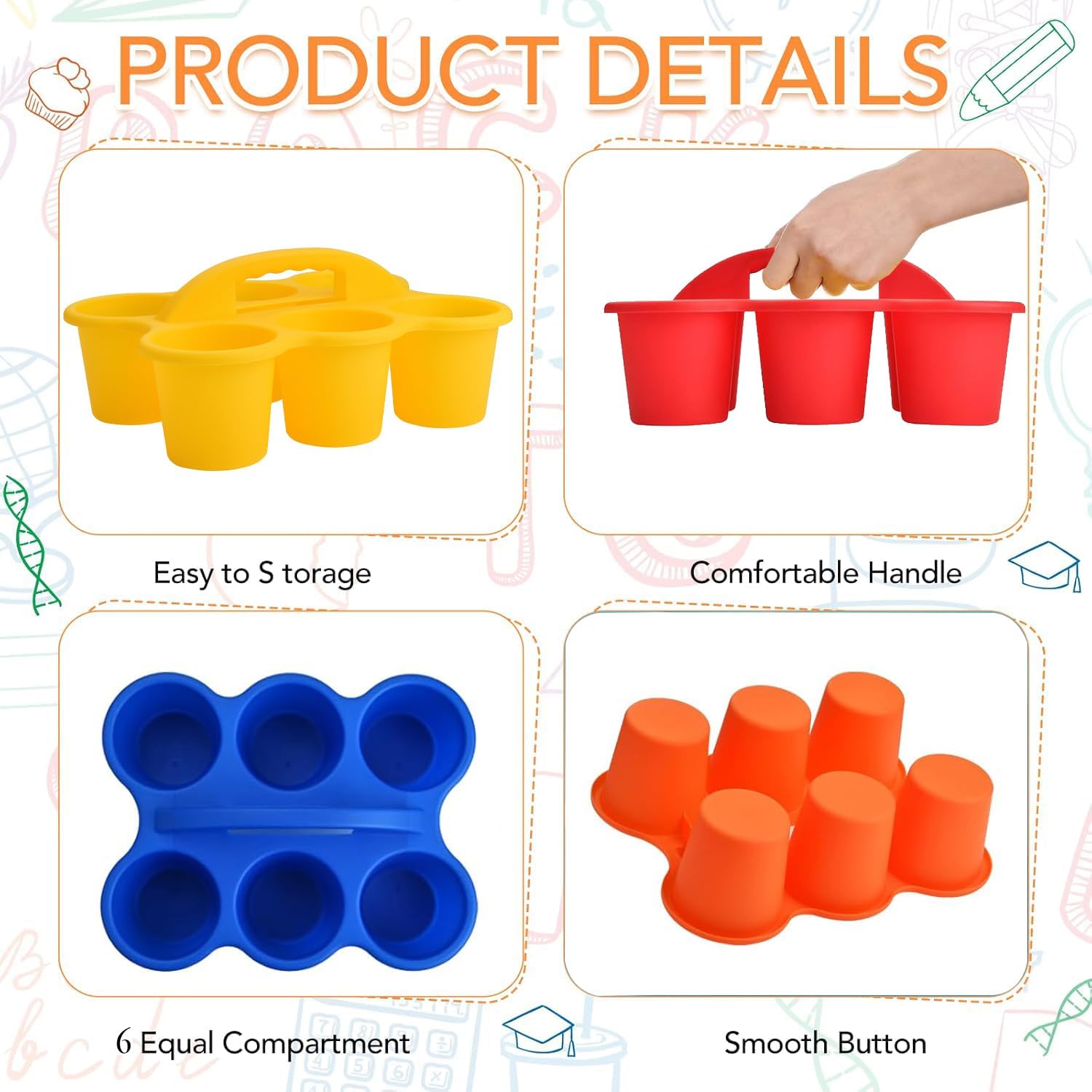 6 Pack Classroom Caddy Storage Basket with Handle, Plastic Drink Cup Caddy Holder, 6 Compartments for Kids, Table, Office, Arts, Crafts, Crayon, Marker, Pencil, School Supplies - Assorted Colors