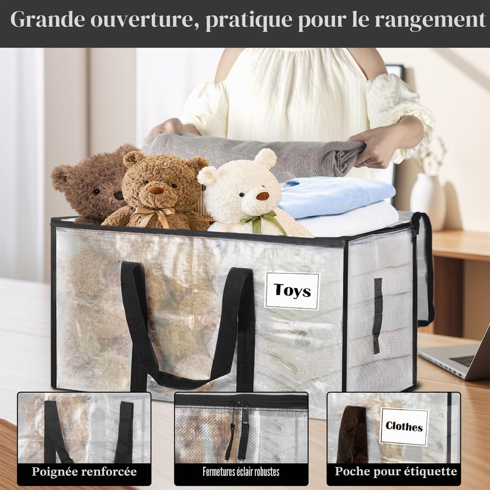 Withosent 100L Grand Sac de Rangement, Lot de 10 Imperméable Sacs de Déménagement avec Fermeture éclair et Poignée, Boite Vetement Couettes, Alternative aux Cartons Déménagement, Transparent