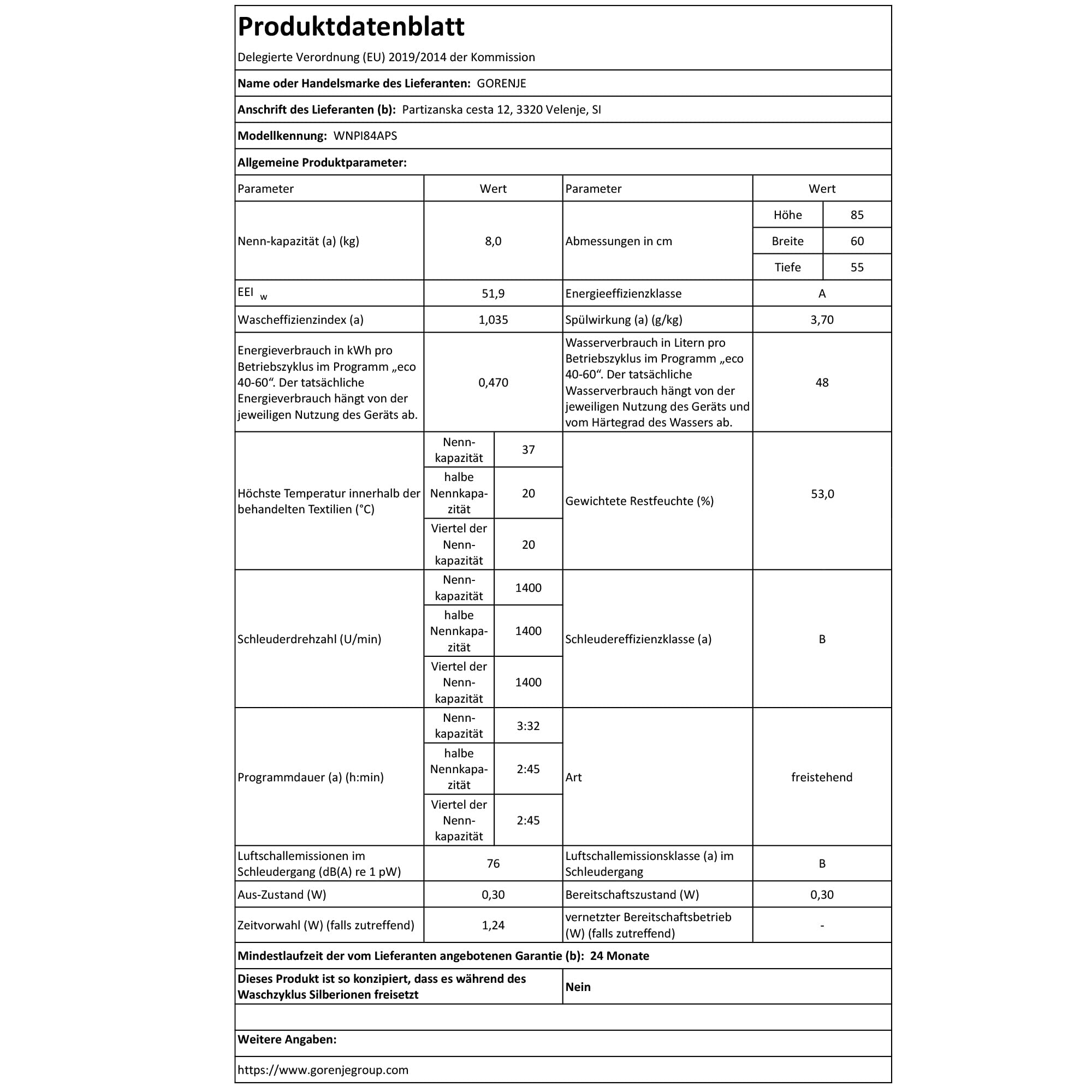 GORENJE WNPI84APS Waschmaschine LED Display Inverter PowerDrive Motor