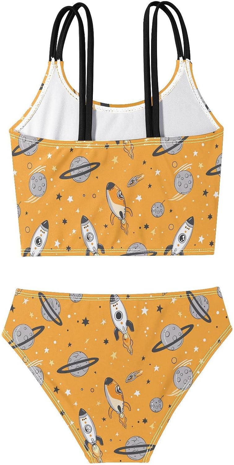 visesunny Girls Two Piece Swimsuits Gray Rocket Pattern Girl's Bikini Sets Bathing Suits for Girls Size 5-12Y
