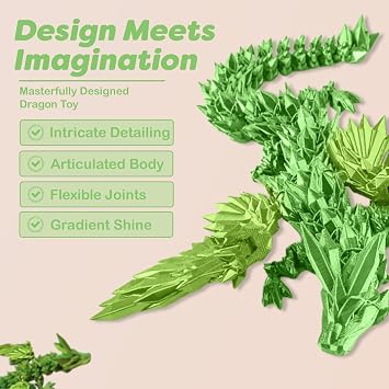 3D Printed Articulated Dragon Toy - 40cm Long with Expandable Wings & Vibrant Gradient Colors - Flexible Fidget Sensory Figure for Kids & Adults (Green)