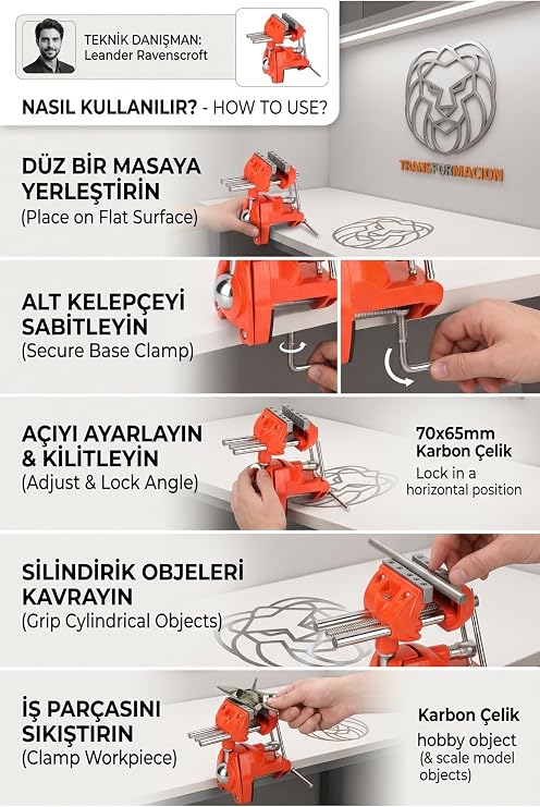 Transformacion 360 Derece Döner Başlı Masa Mengenesi, Turuncu, Karbon Çelik, 70x65mm, 950g