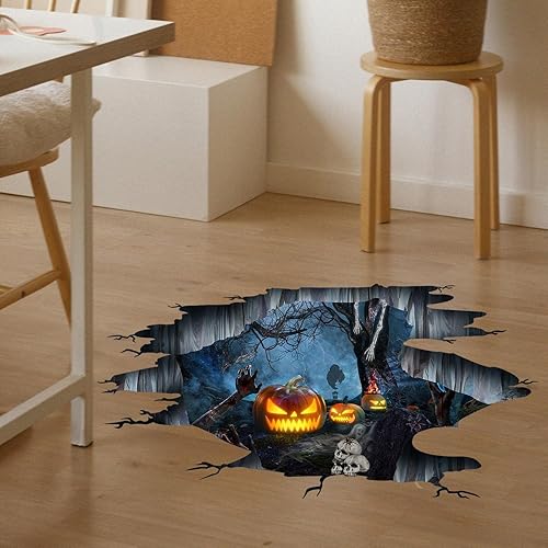 Miniatura 5 de Calcomanías 3D para suelo de Halloween, calabazas aterradoras, calavera, decoración artística, manos de fantasma, esqueleto, murales de pared