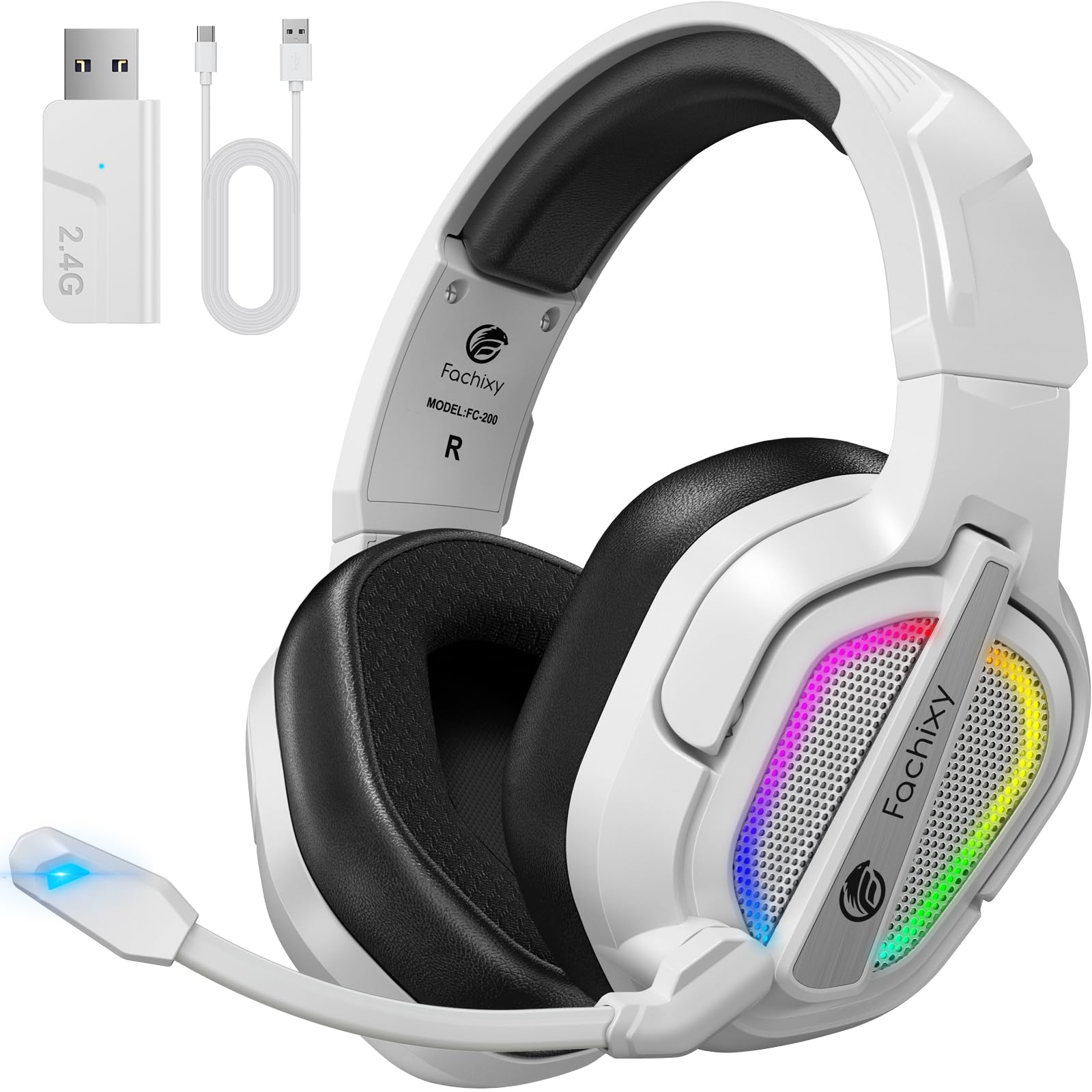 Fachixy FC200「2025 Nouvelle」Casque de Jeu sans Fil pour PS5, PS4, PC - Casque Pliable USB 2,4 GHz avec Micro - Bluetooth stéréo 3D avec autonomie de 50 Heures, pour Mac, Switch, Mobile, Blanc-Noir