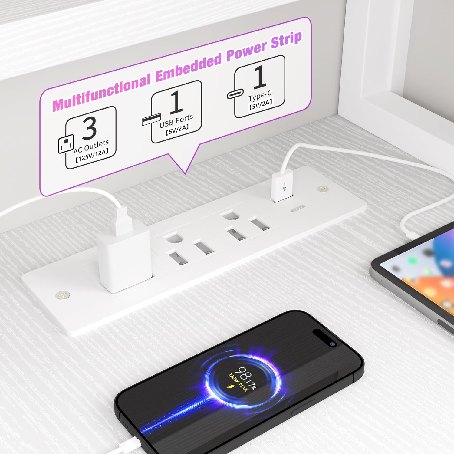 Close-up of the multifunctional embedded power strip with 3 AC outlets, 1 USB port, and 1 Type-C port, showing a phone charging.
